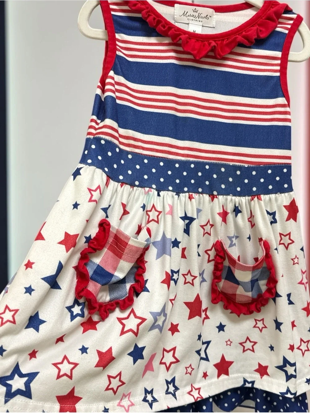 Marie Nicole Clothing 4th of July Patriotic Star Striped Ruffle Dress